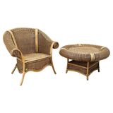 Vintage organic rattan armchair and round coffee table set, 1980s-1990s
