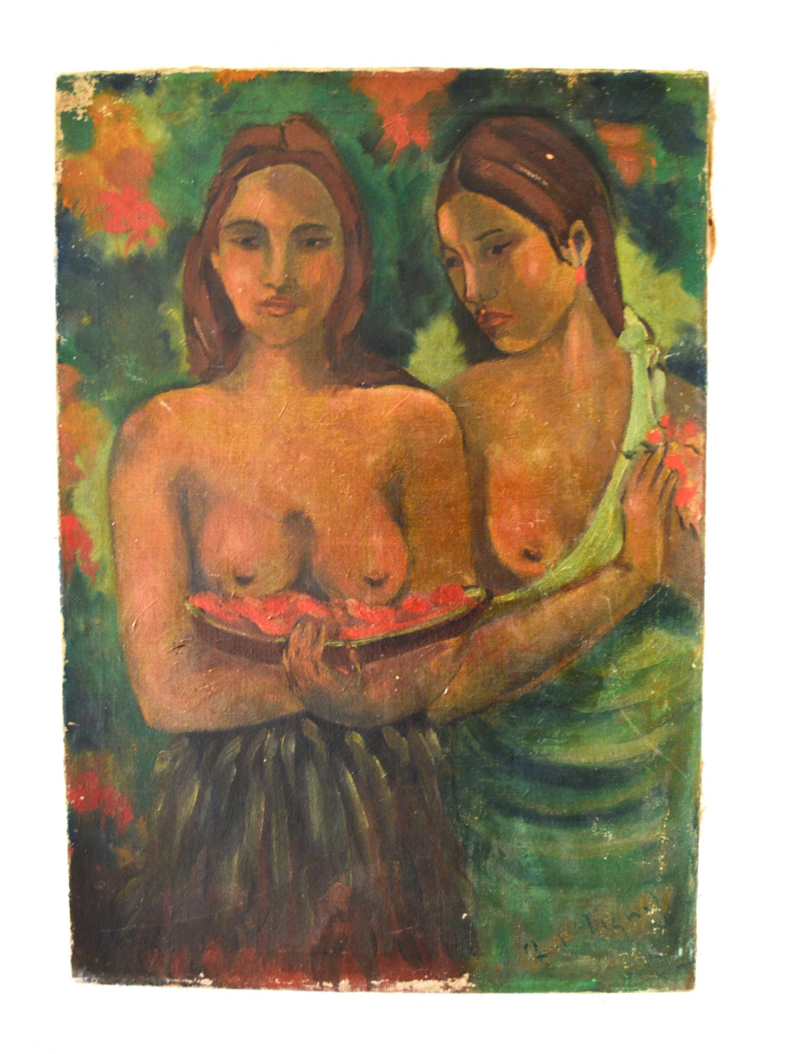 Ancient painting – Two female figures France (attributed), circa 1905–1925