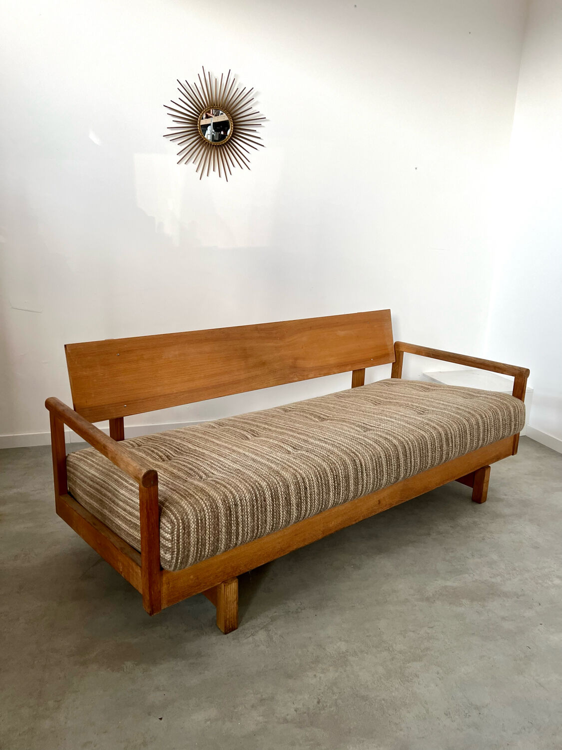 Old wooden sofa vintage brutalist design 60s