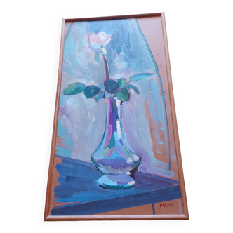 Painting, oil on wood, bouquet of flowers signed Pascal Louvet