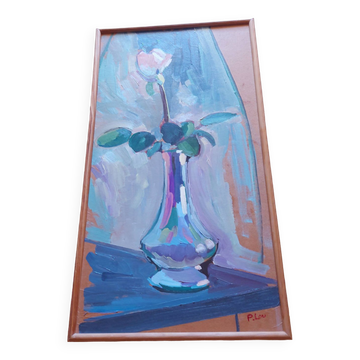 Painting, oil on wood, bouquet of flowers signed Pascal Louvet