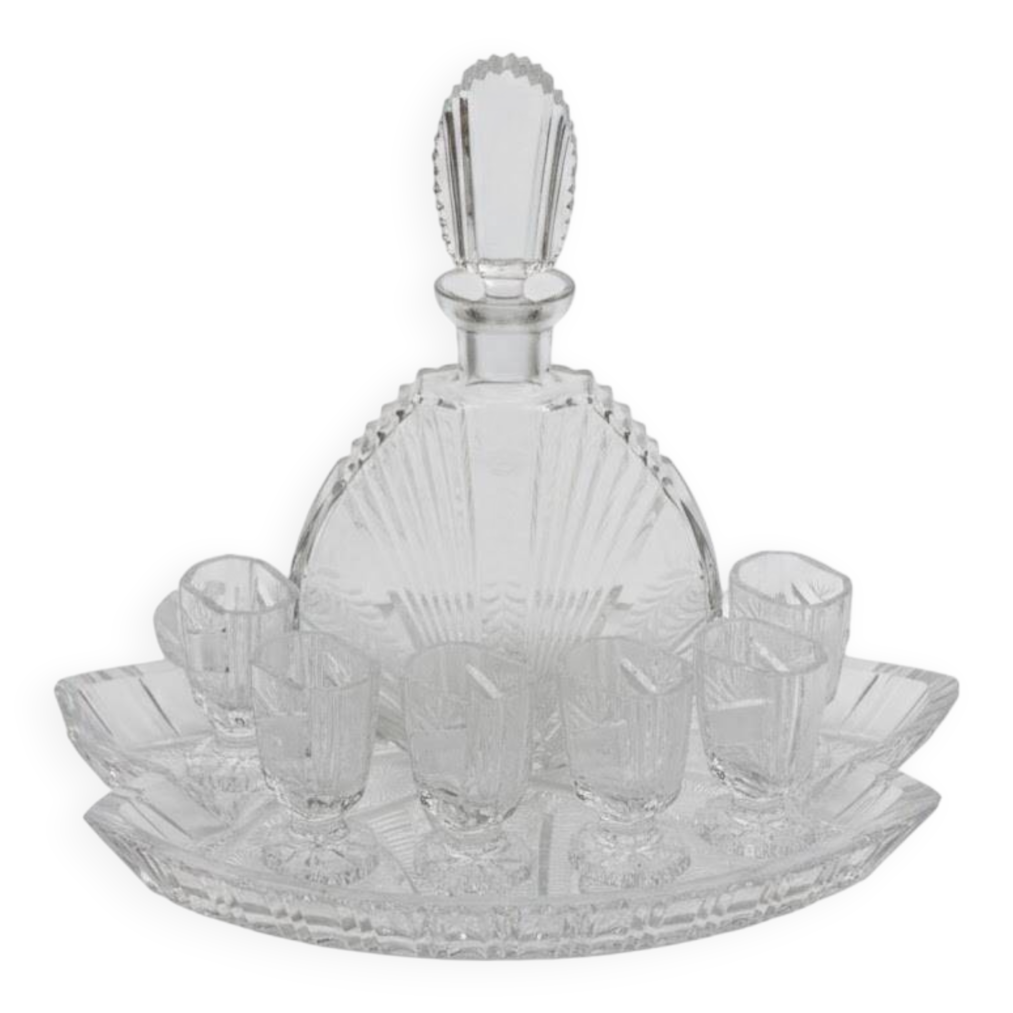 Bavarian liqueur decanter, six glasses and tray