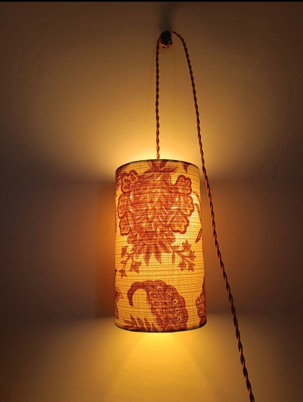 Suspension, nomadic fabric lampshade in vintage yellow floral.