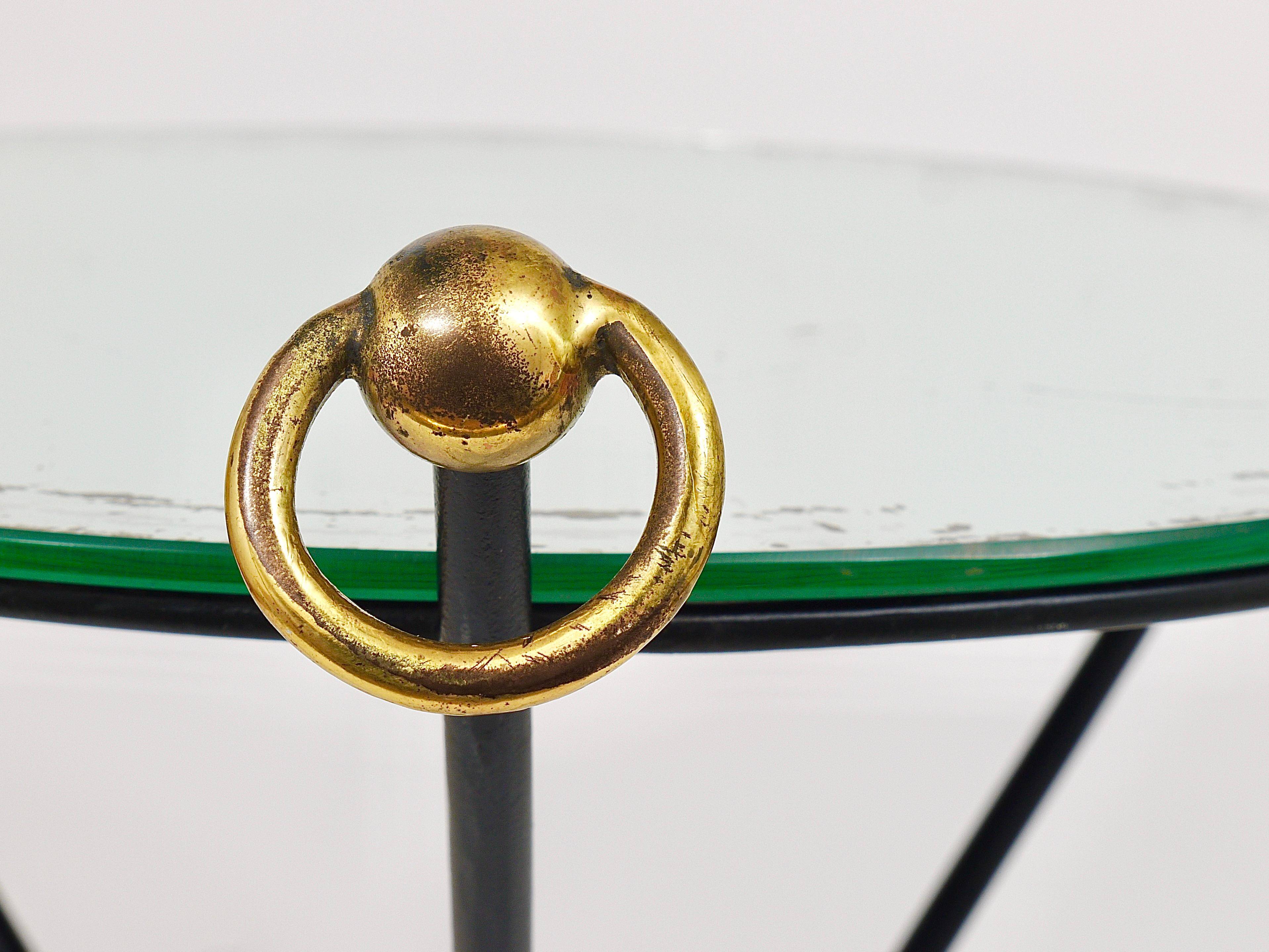French mid-century mirror side table, Jacques Adnet style, brass, 1950s.