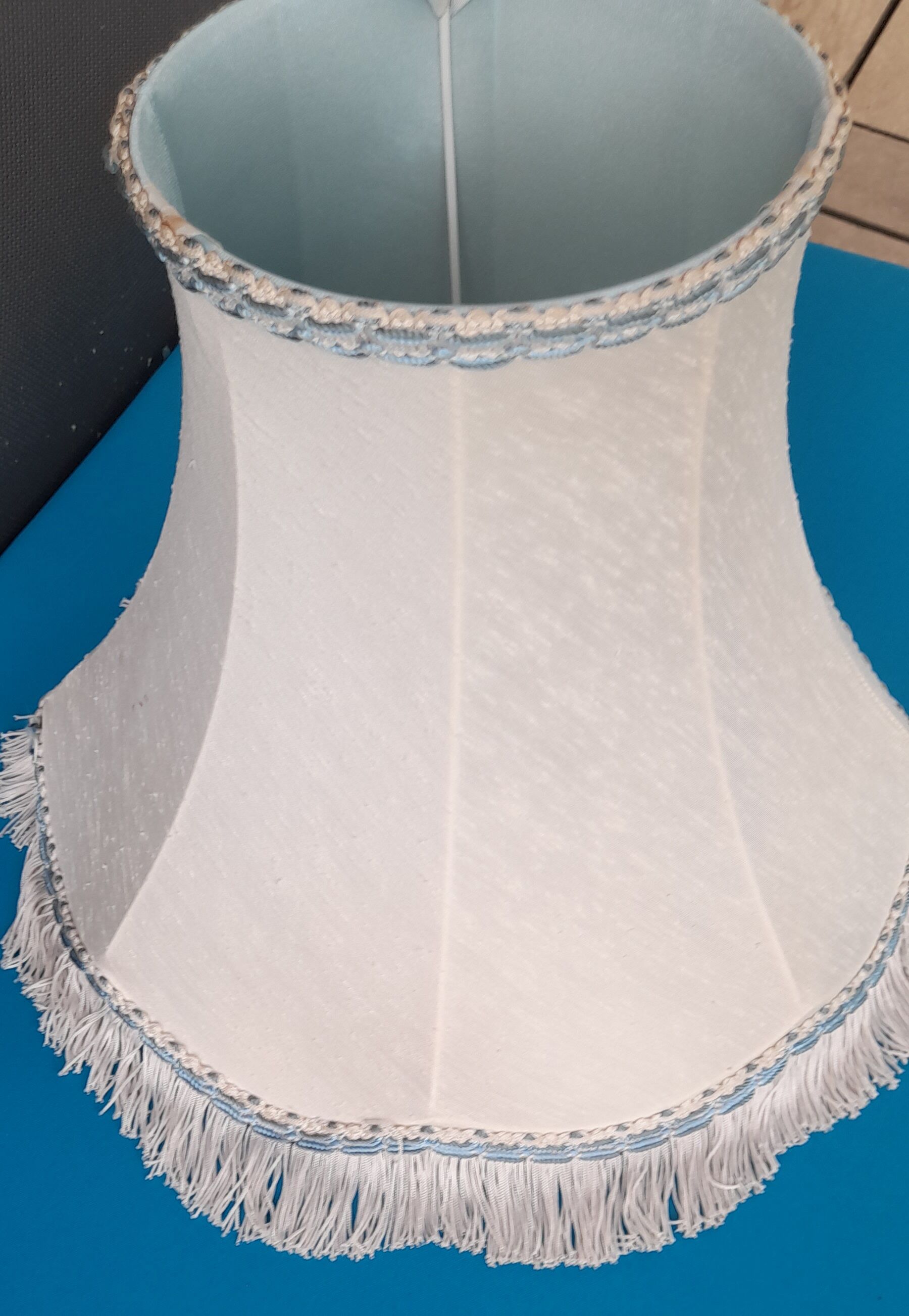 Lampshade pagoda white fabric lined, fringes and blue stripes