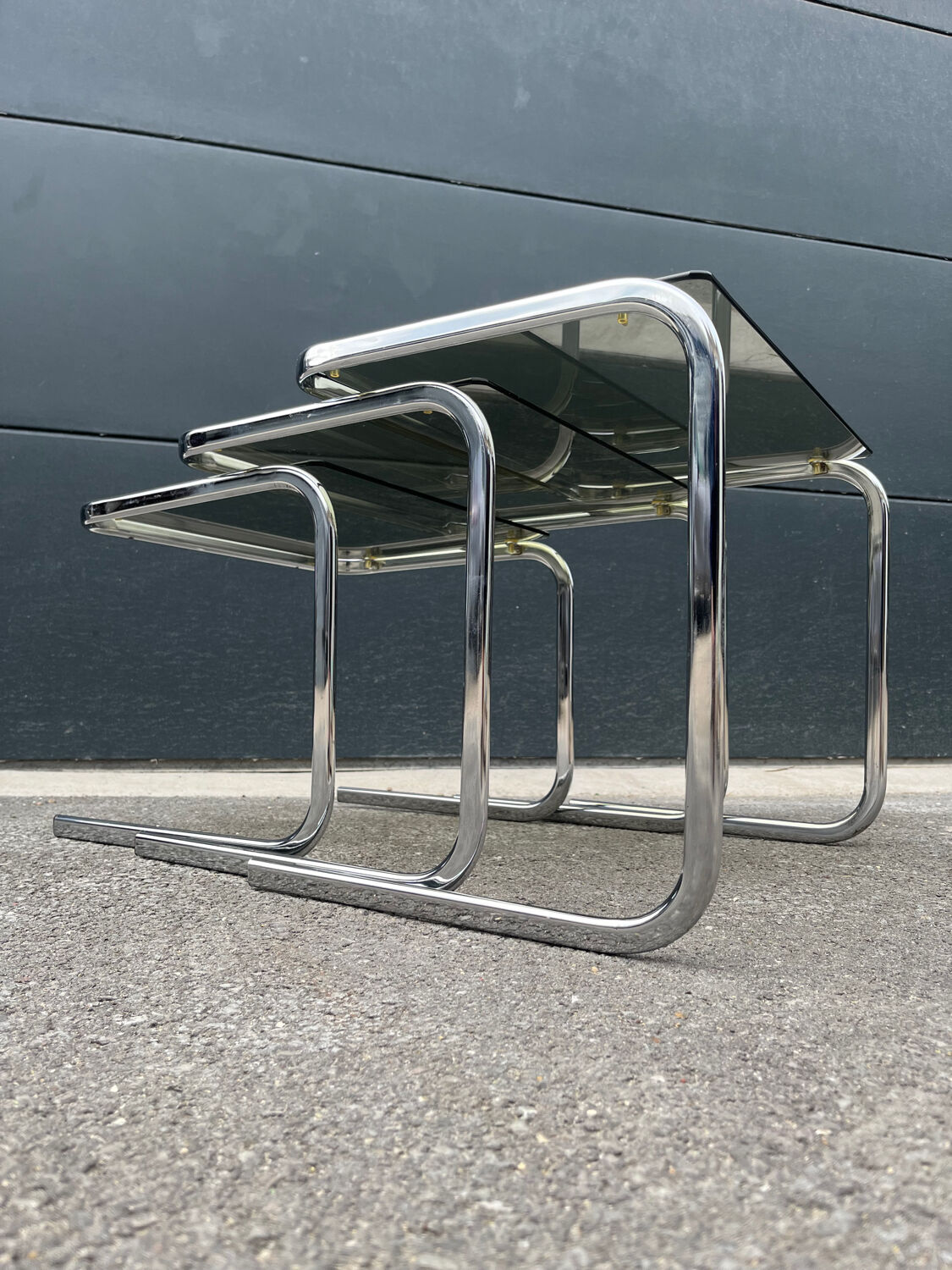 Series of 3 metal and glass nesting tables Space age
