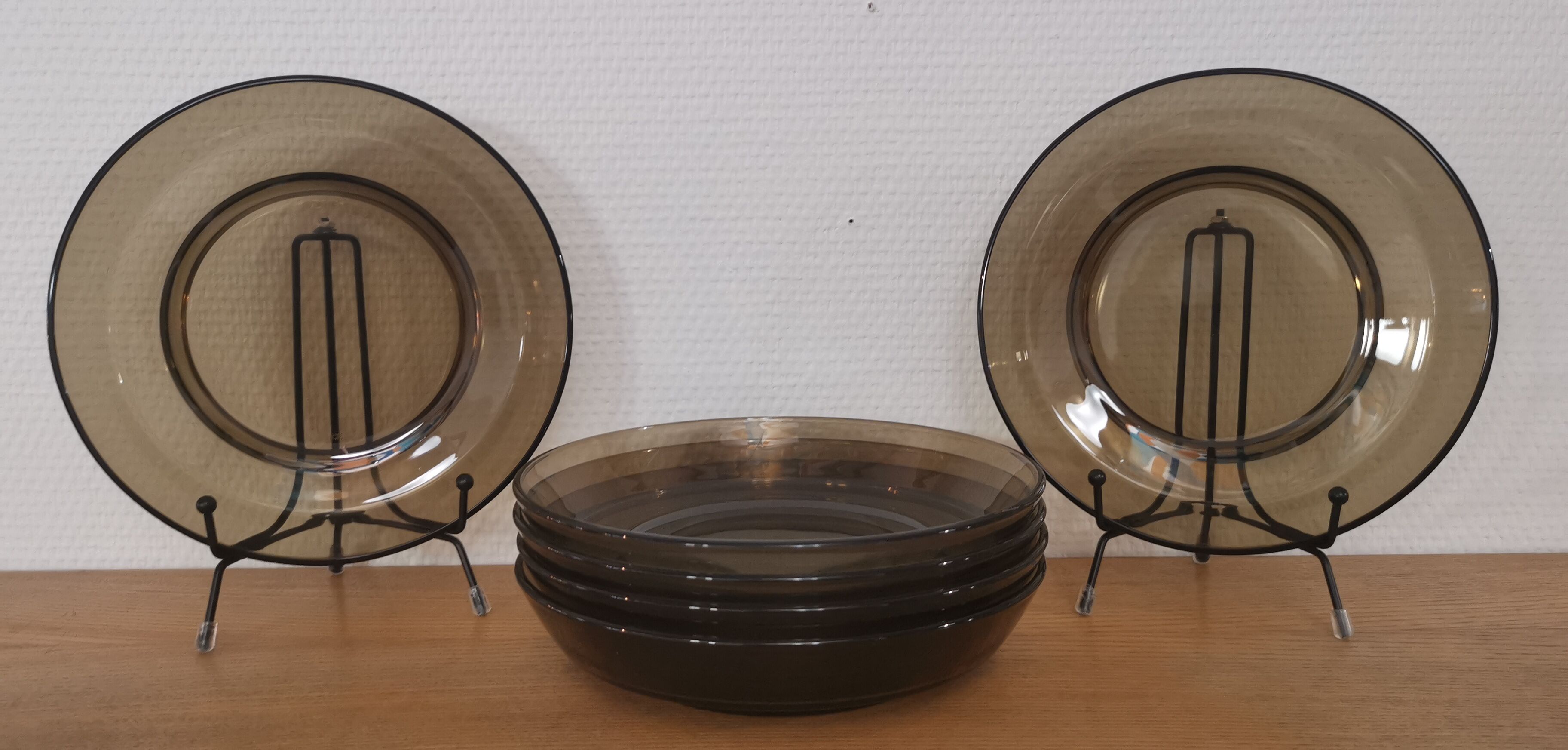 Set of 6 hollow plates in smoked brown glass Vereco 70'S Vintage