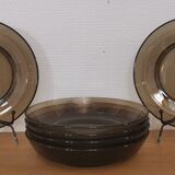 Set of 6 hollow plates in smoked brown glass Vereco 70'S Vintage