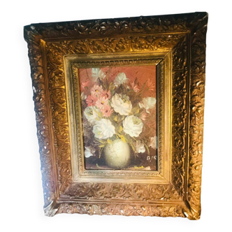 Huile sur panneau "Bouquet de fleurs" cadre style Charles X