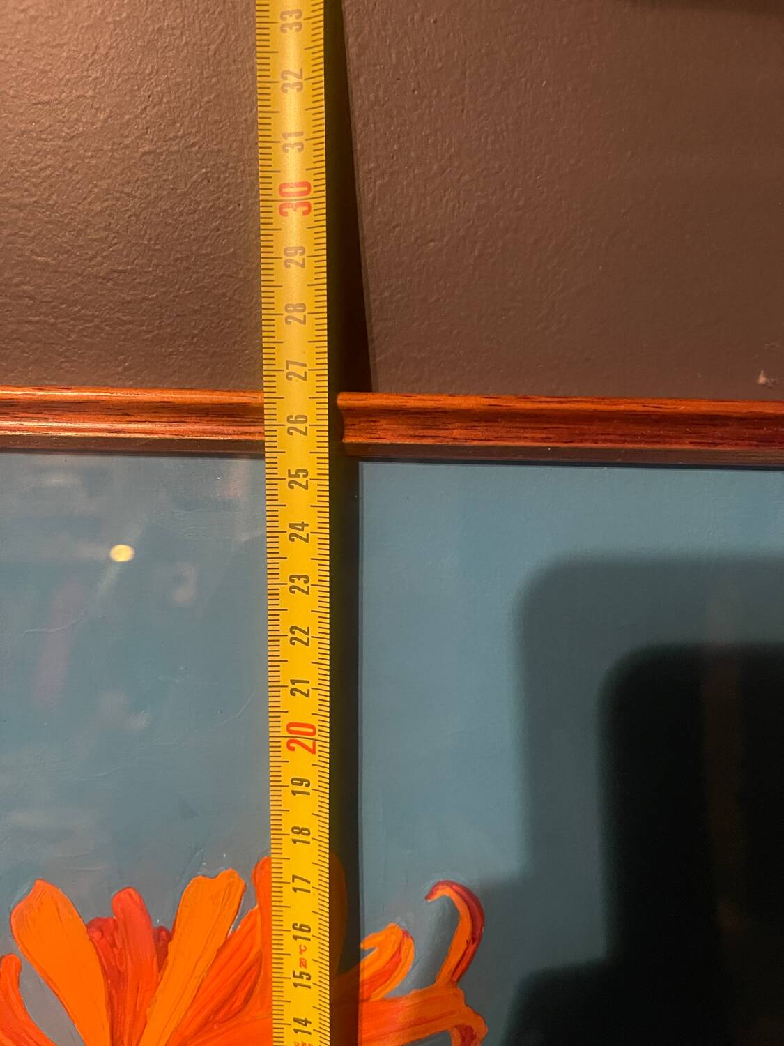 2 paintings of orange dahlias in antique wooden frames