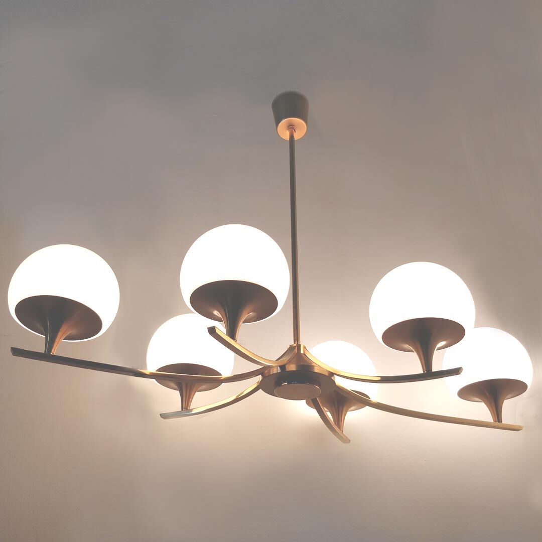 Vintage suspension chandelier 6 gilded and opaline lights