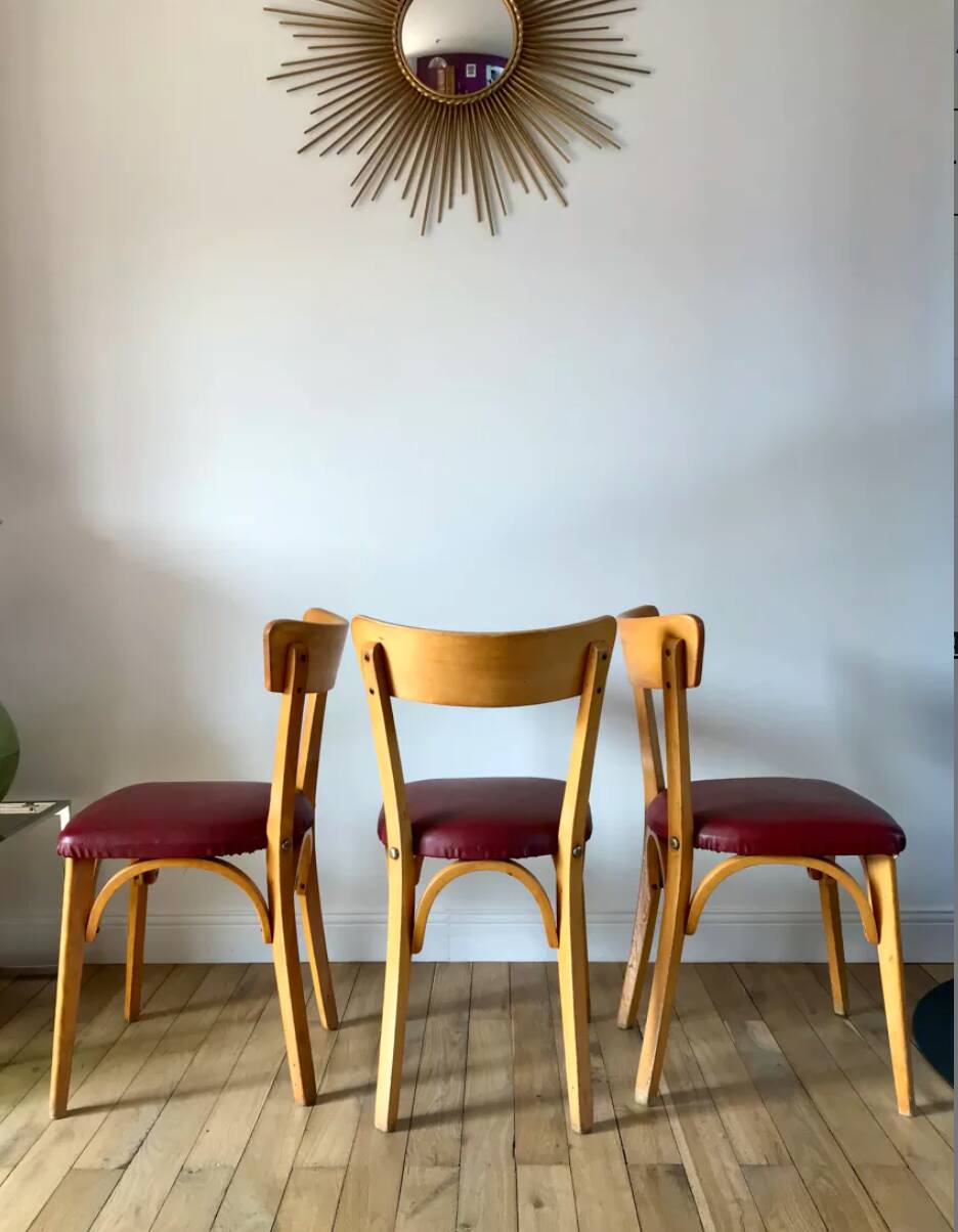 Set of 6 Luterma bistro chairs in blond wood and skaï 50s