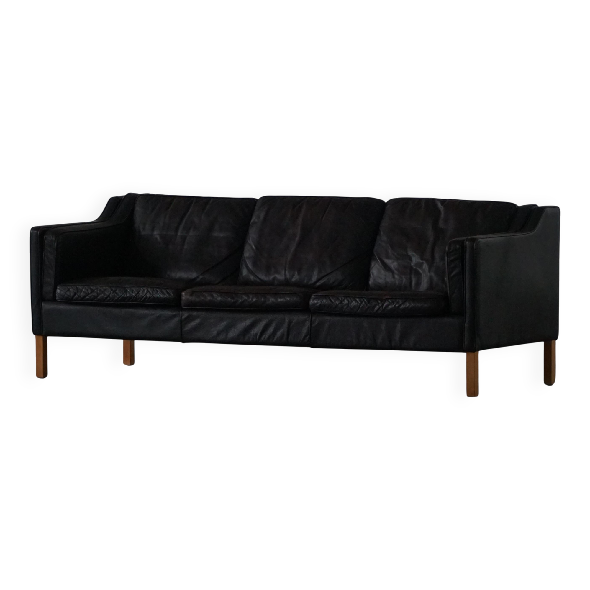 Mogens Hansen, mid-century 3-seater sofa, patinated black leather, 1970s.