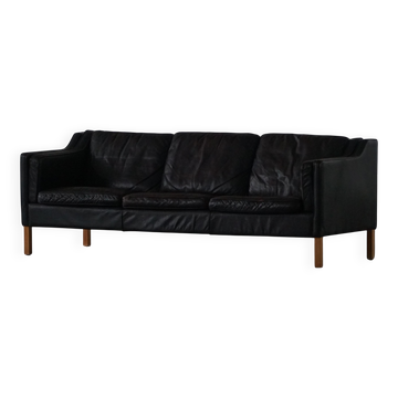 Mogens Hansen, canapé 3 places du milieu du siècle, cuir noir patiné, années 1970