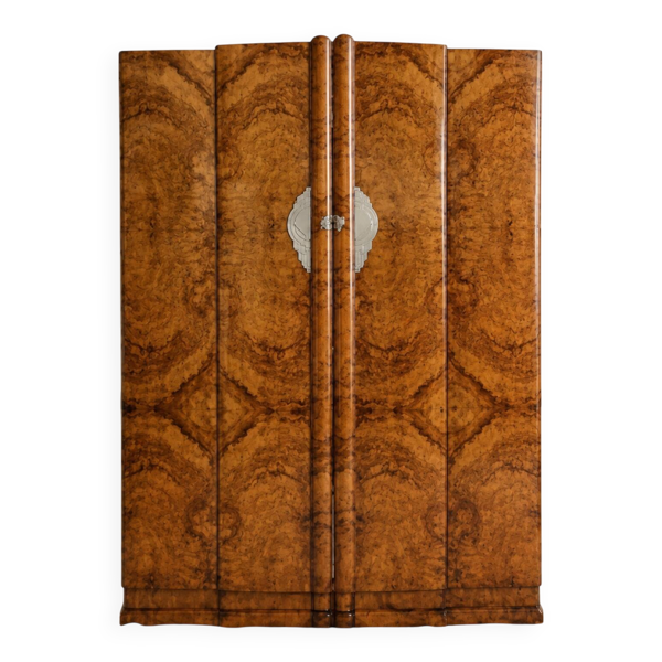 Armoire Art Déco années 30 placage ronce de noyer, 4 portes et rangeme