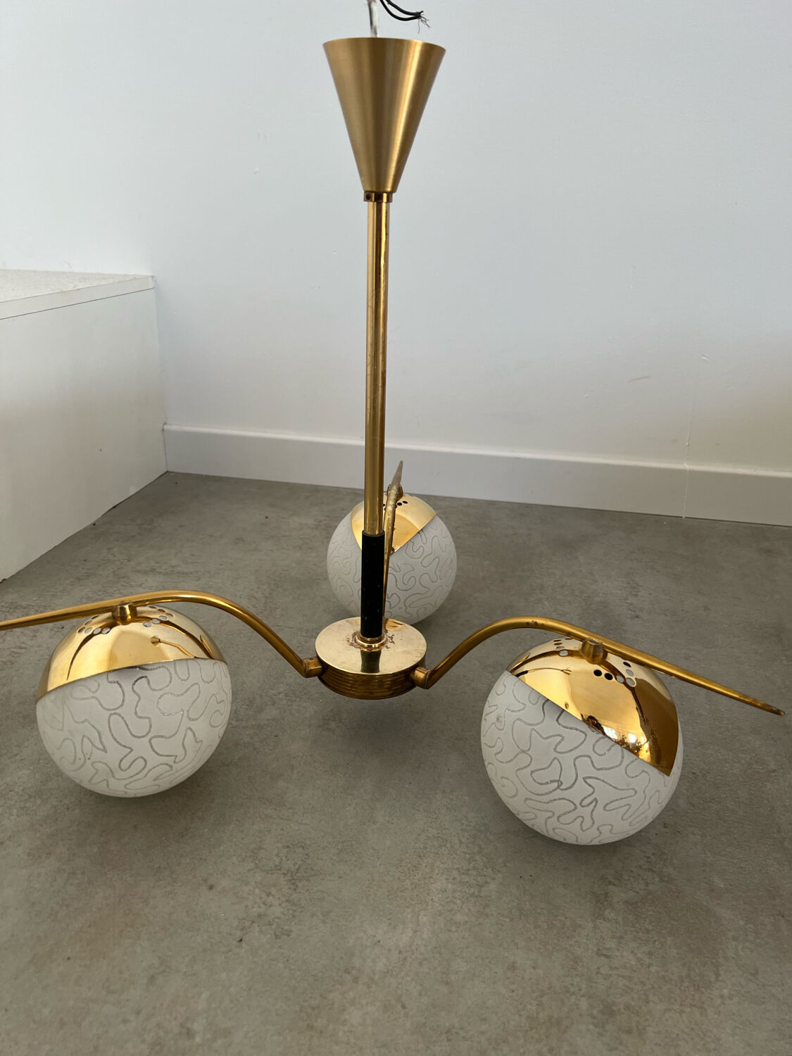 Lot light fixtures and chandeliers design Arlus 50s brass and opaline vintage