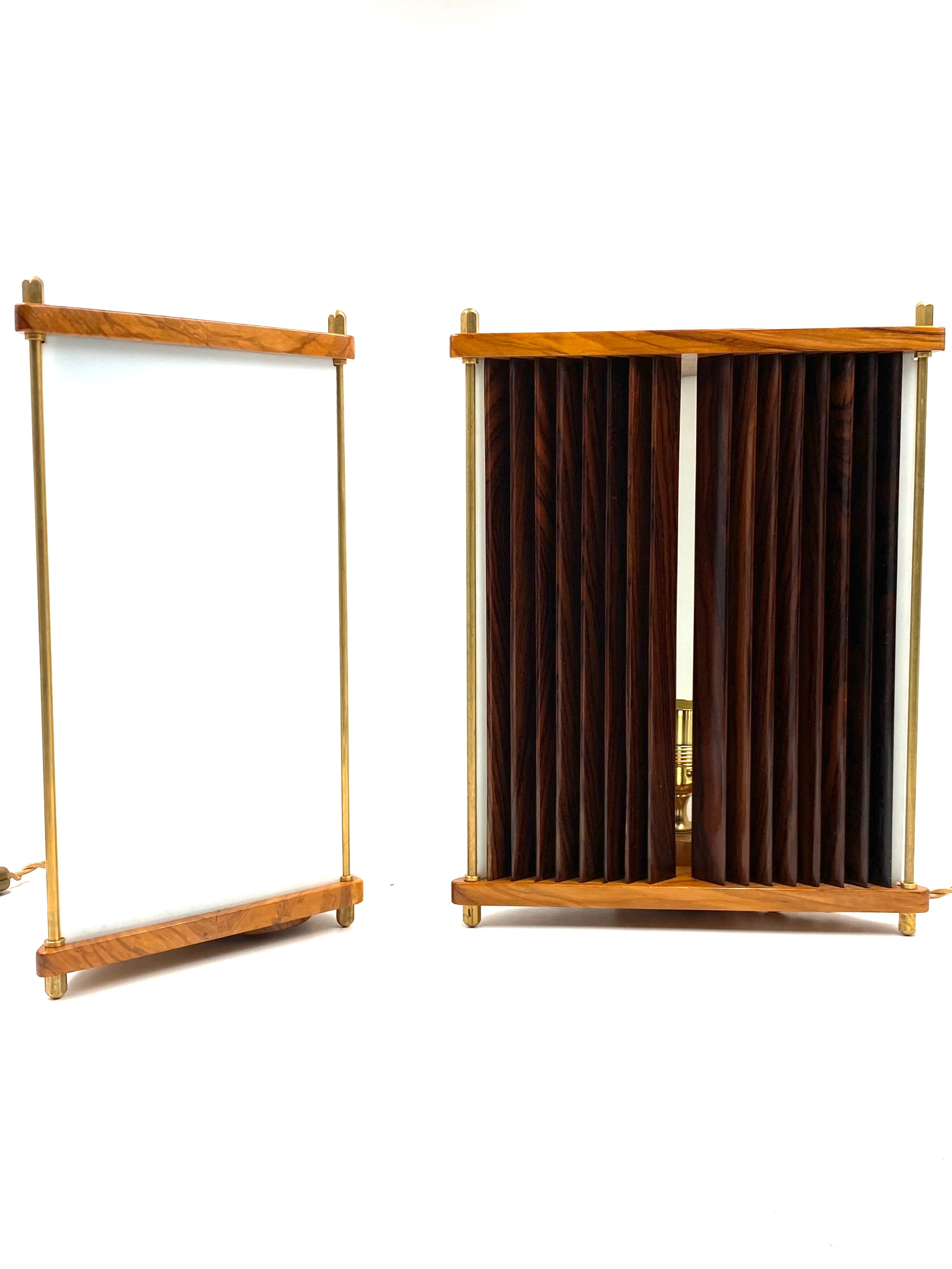 Leonardo Mosso 2 palisander and brass table lamps, Italy 1970s