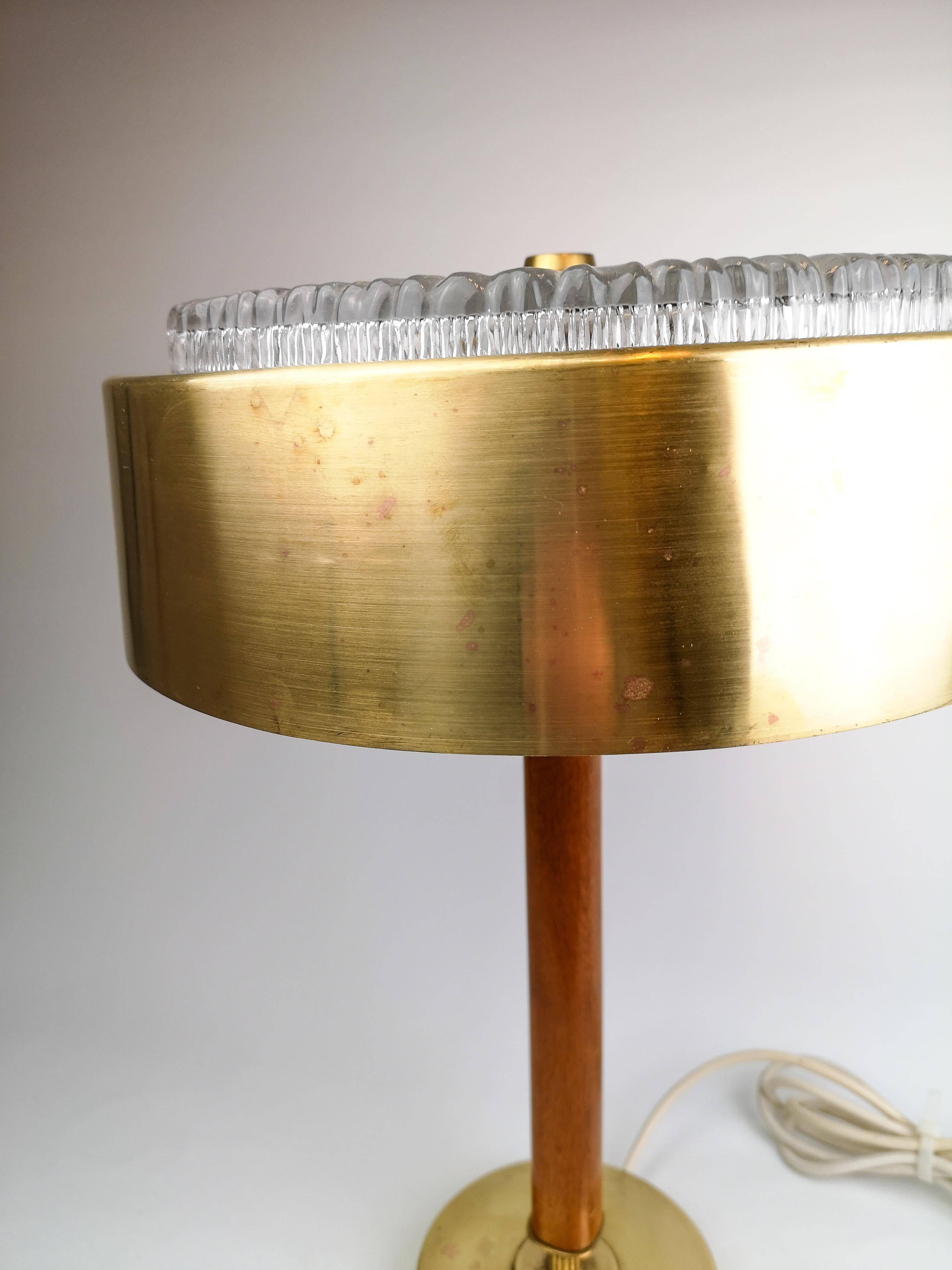 Mid-century Swedish table lamp in brass, crystal, and wood by Boréns.