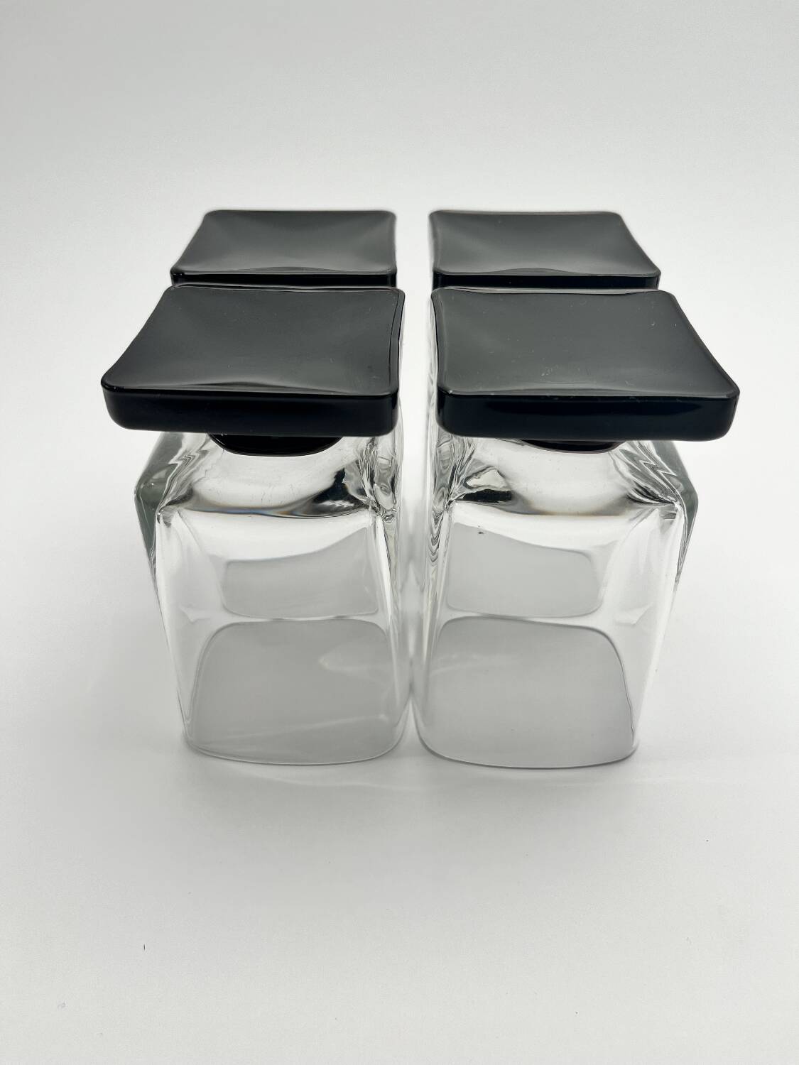 Set of 11 Black glass Square Footed Cocktail Glasses 1970