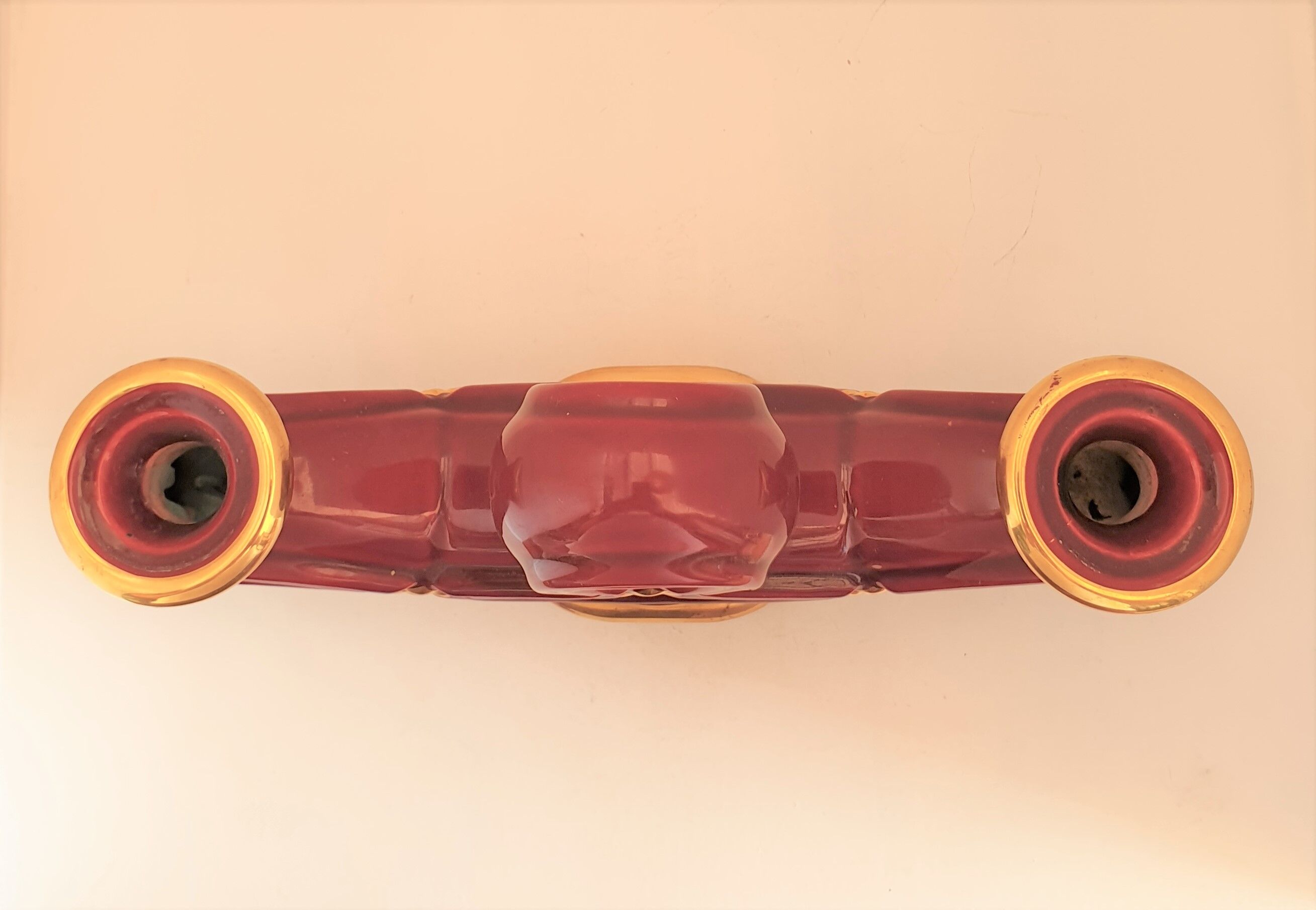 Double art deco lamp foot in bordeaux and gold ceramics