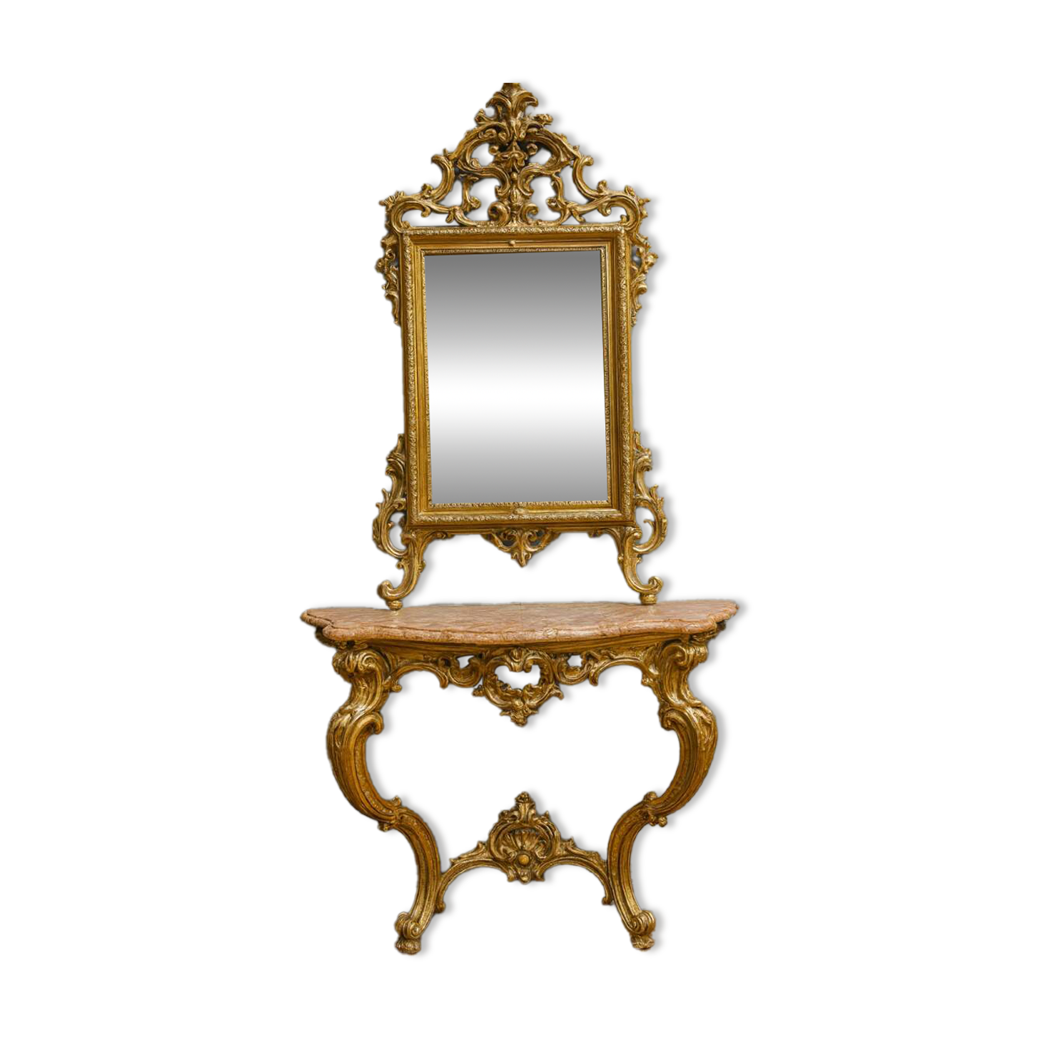 Important console table with a curved shape + Louis XV style mirror in gilded and silvered wood.