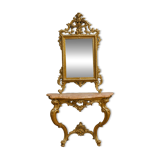 Important console table with a curved shape + Louis XV style mirror in gilded and silvered wood.