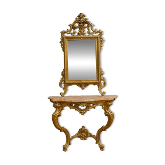 Important console table with a curved shape + Louis XV style mirror in gilded and silvered wood.
