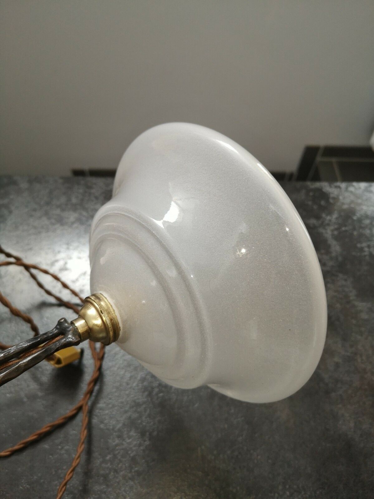 Old wrought iron lamp opalescent glass art deco