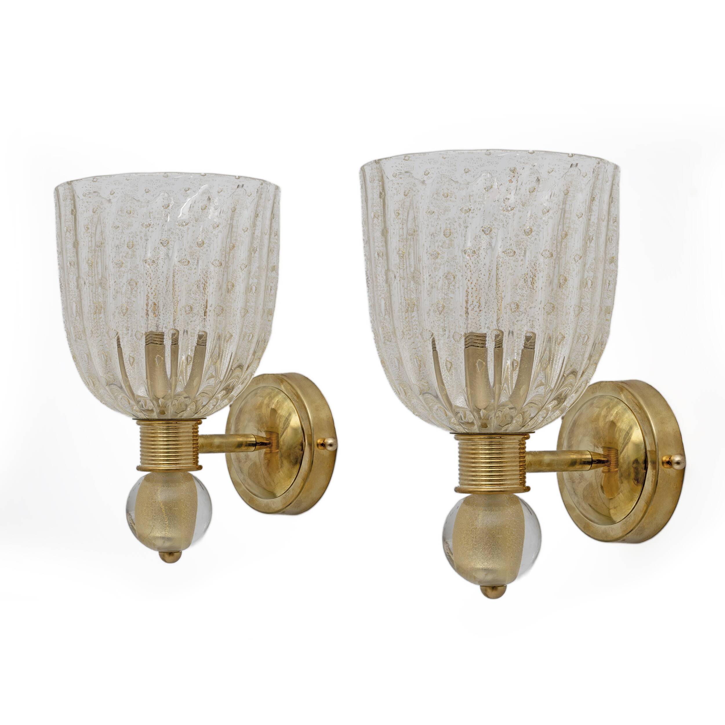 Barovier & Toso style  Brass and Pulegoso Murano Glass Sconces, Pair