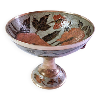 Fruit bowl on pedestal in handcrafted enameled brass