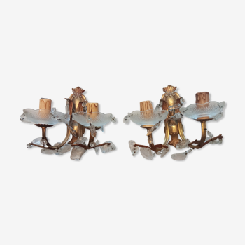 Pair of double bronze and grapevine wall lamps