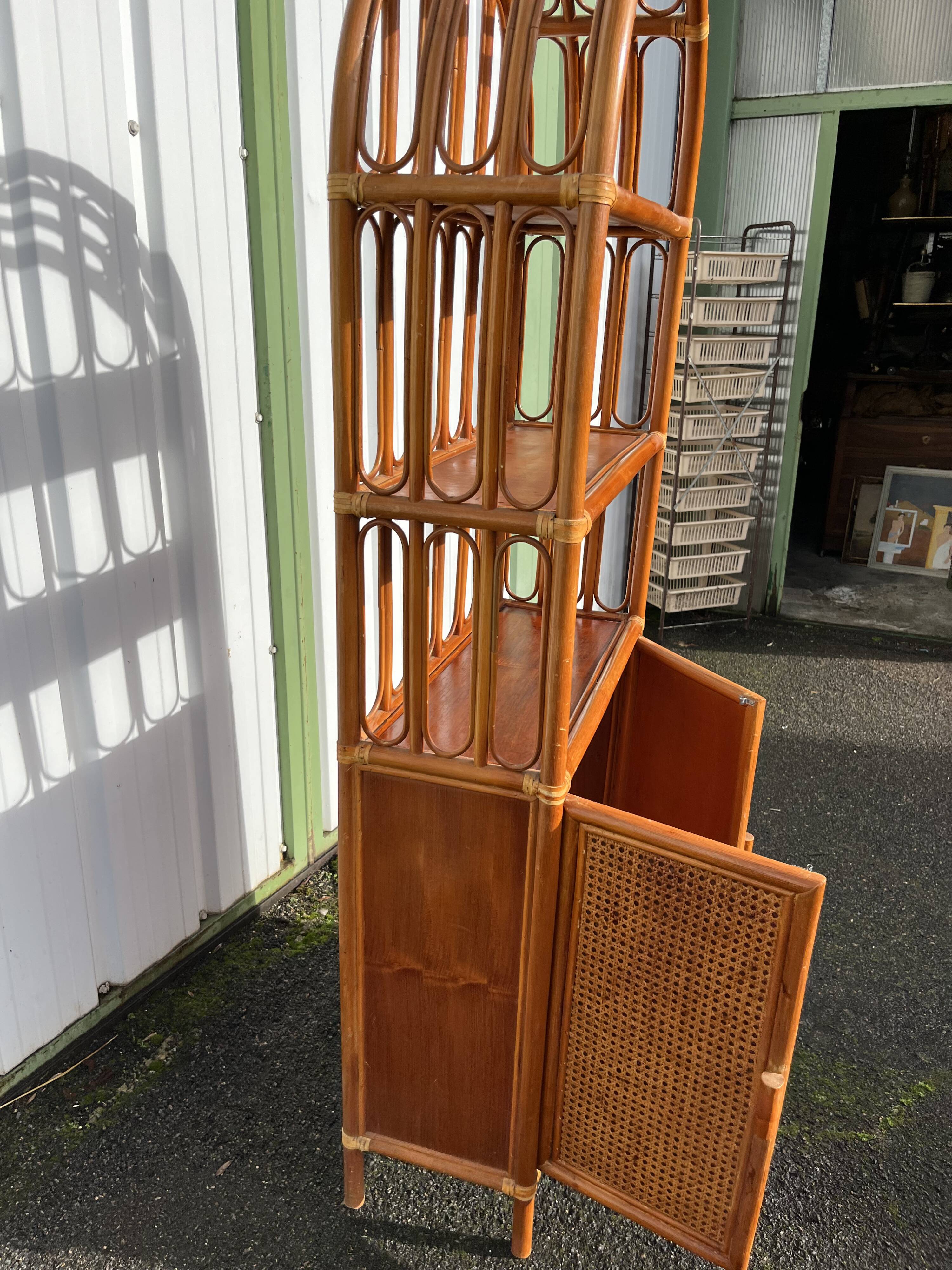 Vintage rattan, wood and cane shelf bookcase