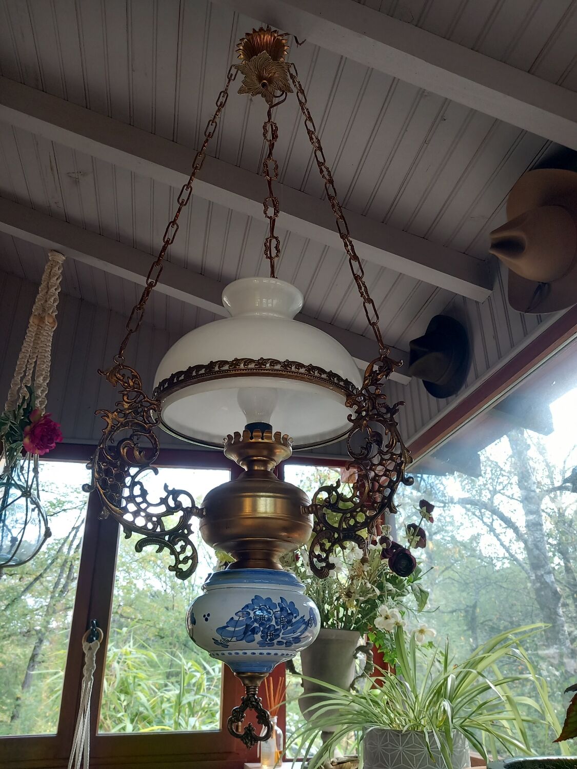 Old white opaline chandelier, brass and earthenware