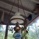 Old white opaline chandelier, brass and earthenware