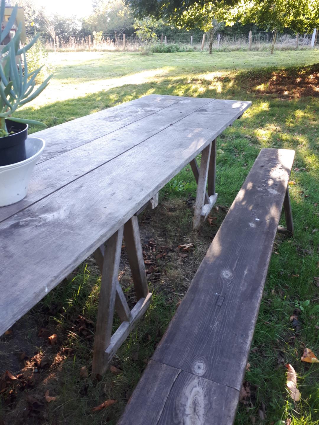 Vintage Guinguette table set with 2 benches