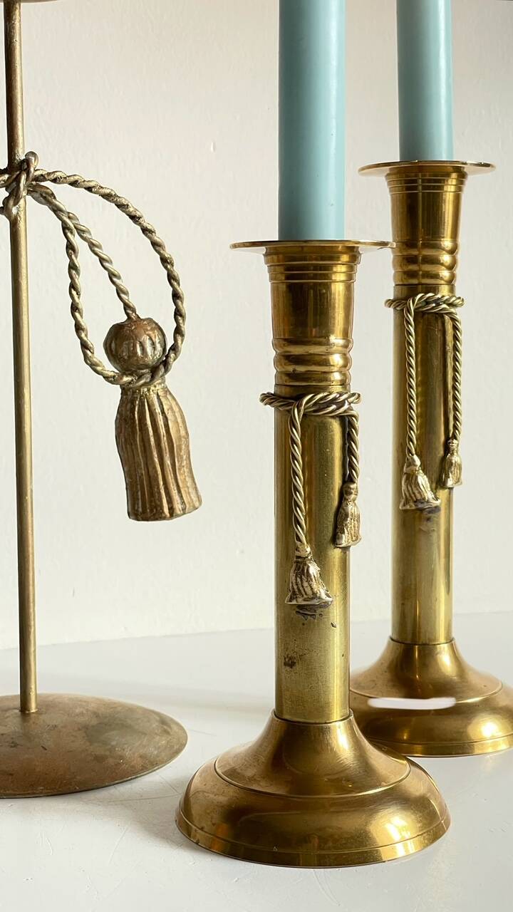 Trio of vintage knotted candlesticks brass