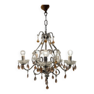Lustre en perles de cristal et verre de Murano rose, années 1960