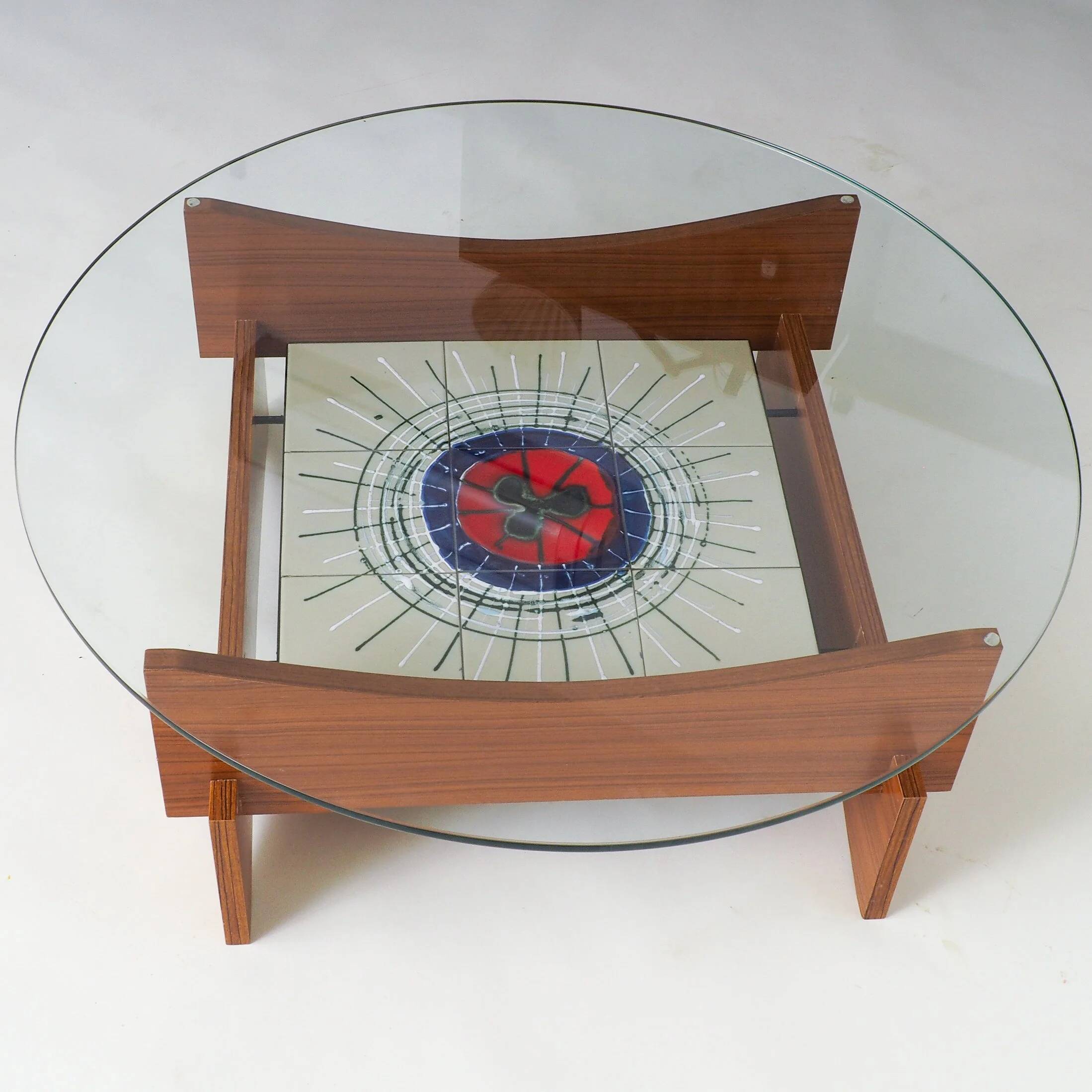 Mid-century round coffee table with ceramic tiles