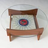 Mid-century round coffee table with ceramic tiles
