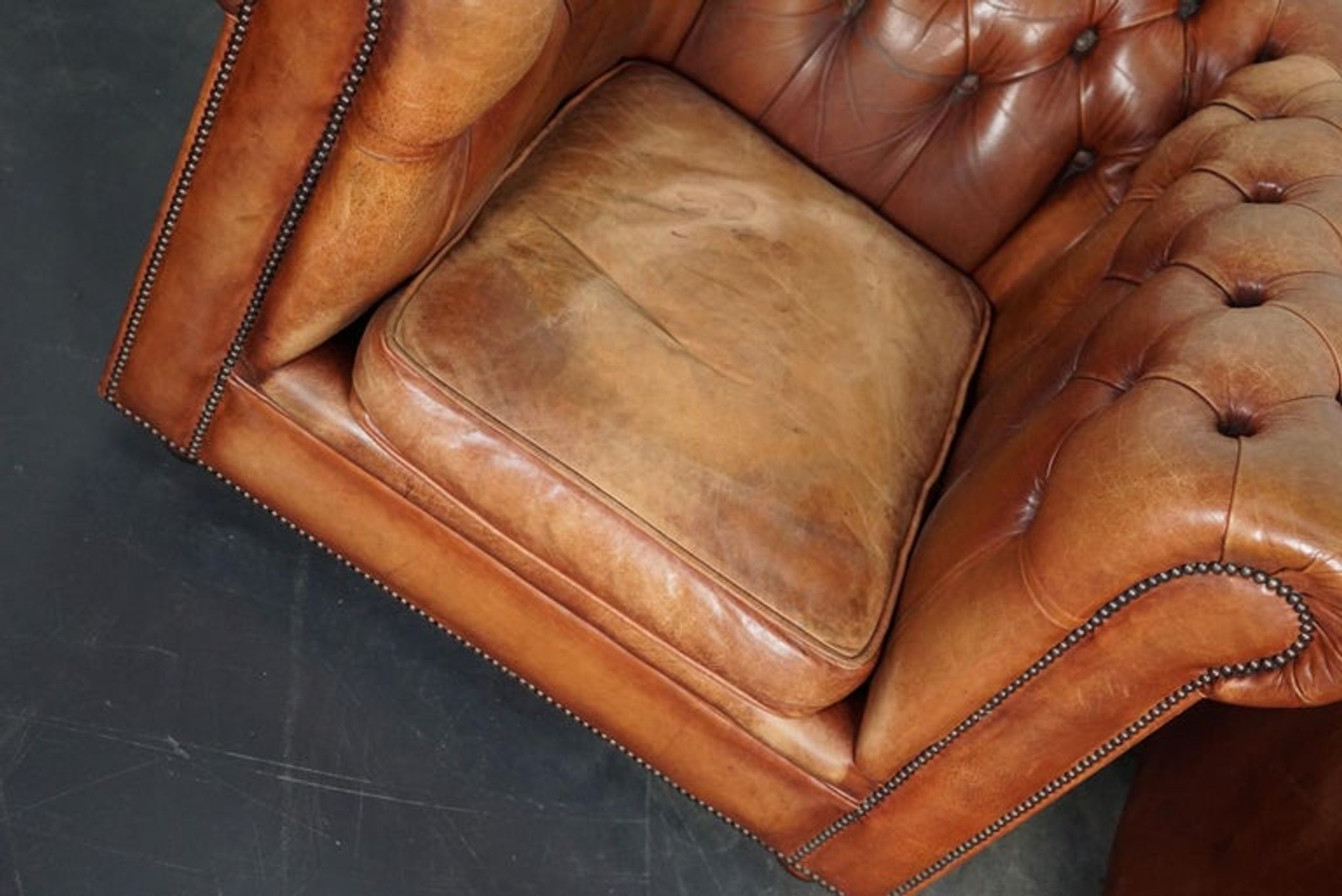 Set of 2 vintage chesterfield club armchairs in cognac leather, Netherlands,