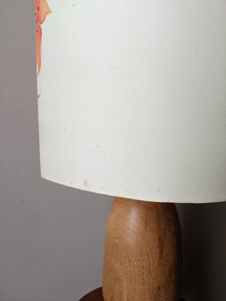 Vintage lamp with turned wooden base and silk lampshade, handcrafted floral decoration