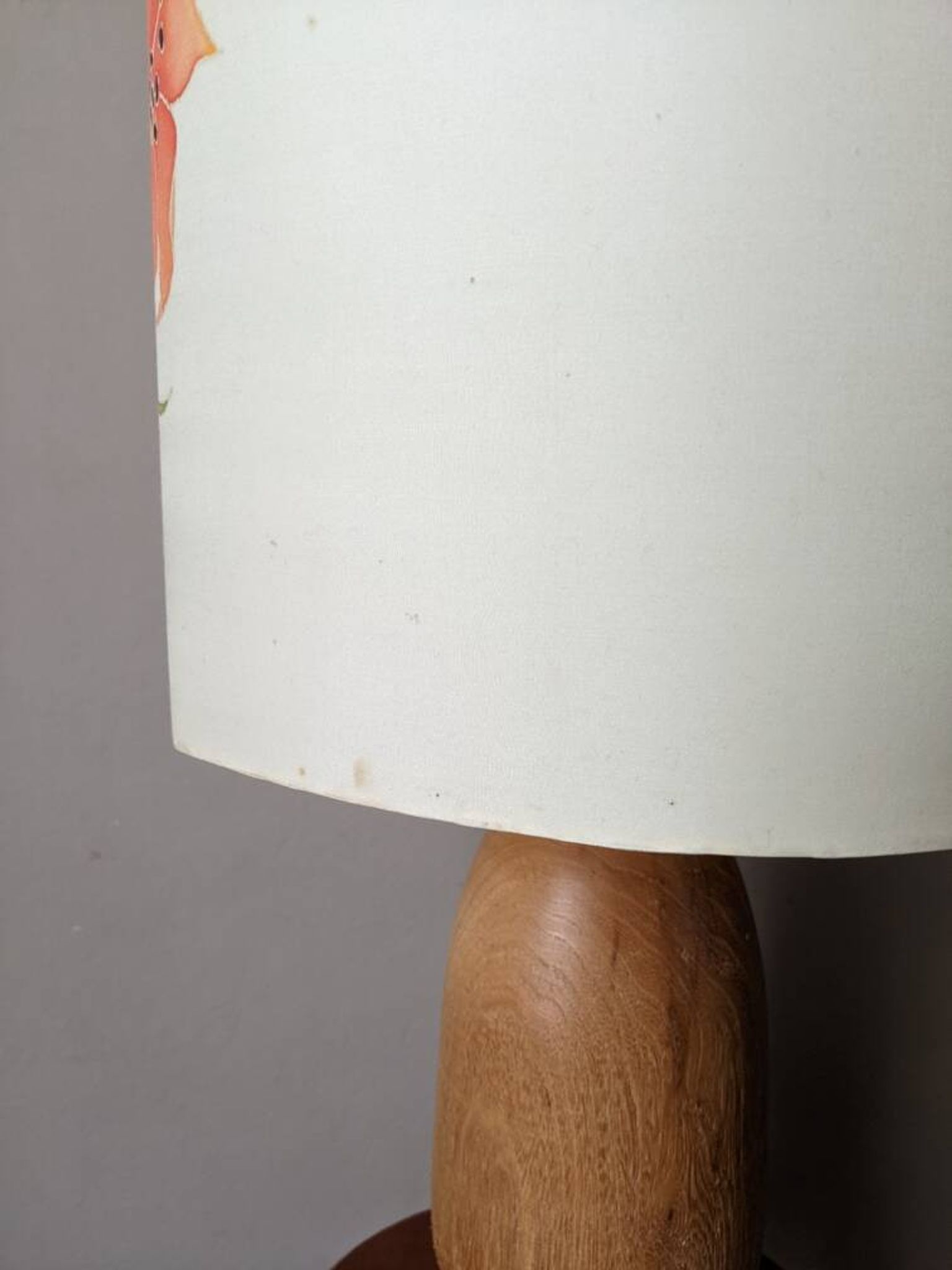 Vintage lamp with turned wooden base and silk lampshade, handcrafted floral decoration