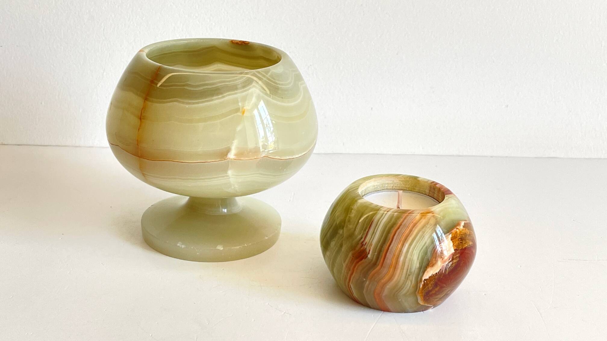 2 70s design onyx candle holders