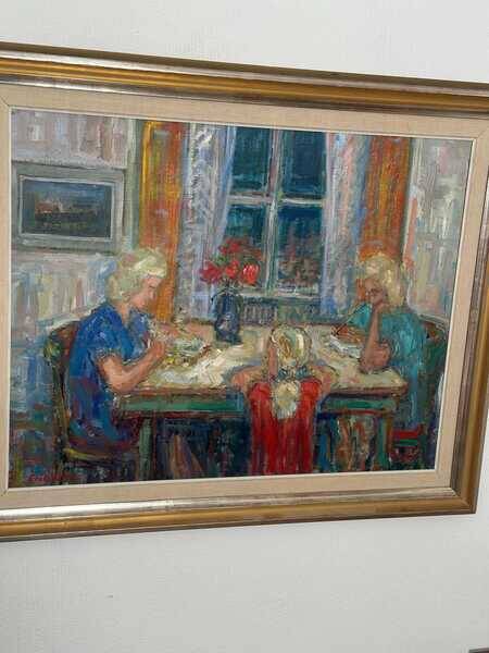 Original mid-century Swedish oil on canvas – “Family” by Eric With – vintage & framed – 75 × 91 cm (29.5" × 35.8")