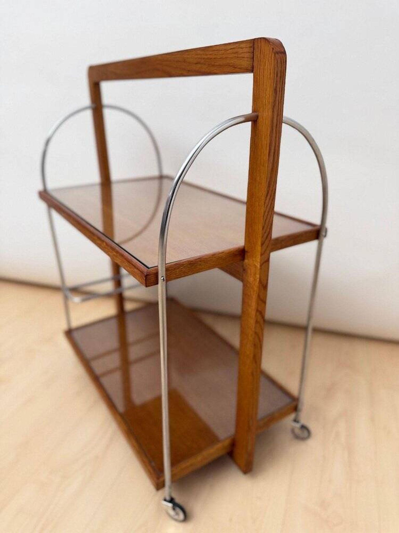 Art Deco serving trolley in oak, chrome & glass, France, 1930