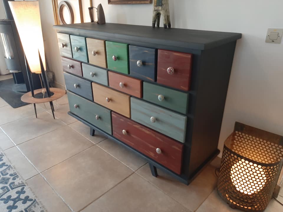 Furniture commode 15 drawers table patchwork patina ebeniste all solid wood multicolored