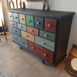 Furniture commode 15 drawers table patchwork patina ebeniste all solid wood multicolored
