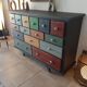 Meuble commode 15 tiroirs tableau patchwork patine ebeniste tout bois massif multicolores