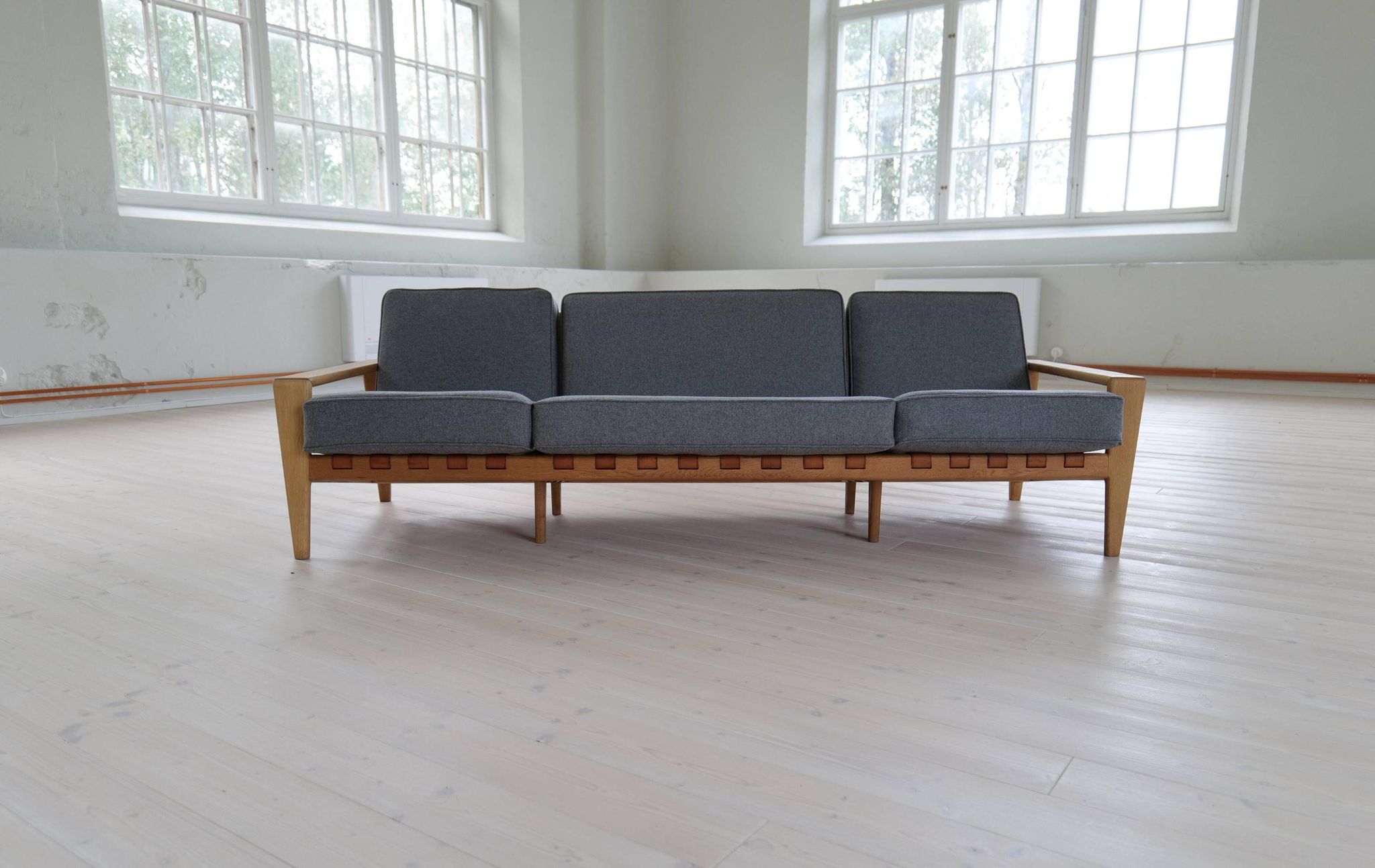 Large 1960s "Bodö" canapé in oak, leather and wool, Svante Skogh, Sweden