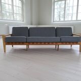 Large 1960s "Bodö" canapé in oak, leather and wool, Svante Skogh, Sweden